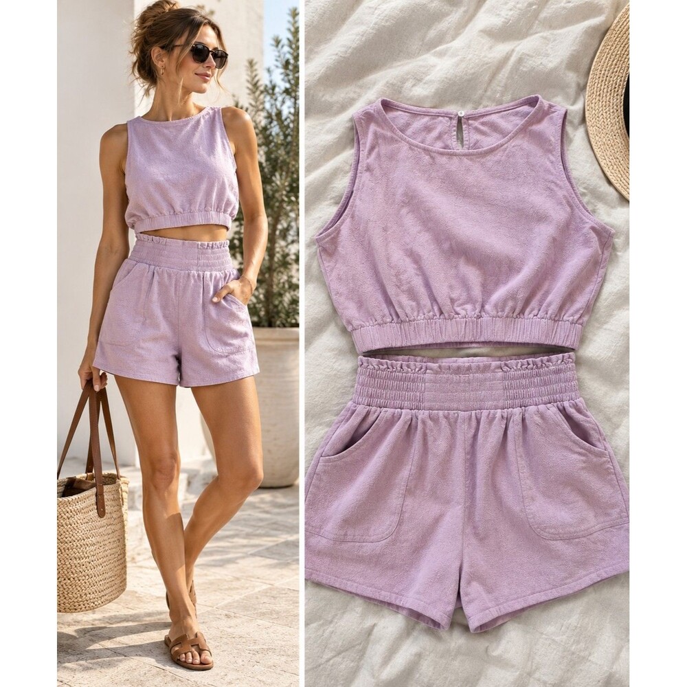 Trendy Womens 2 Piece Set M 100% Cotton Lavender Crop Top High Waist Shorts